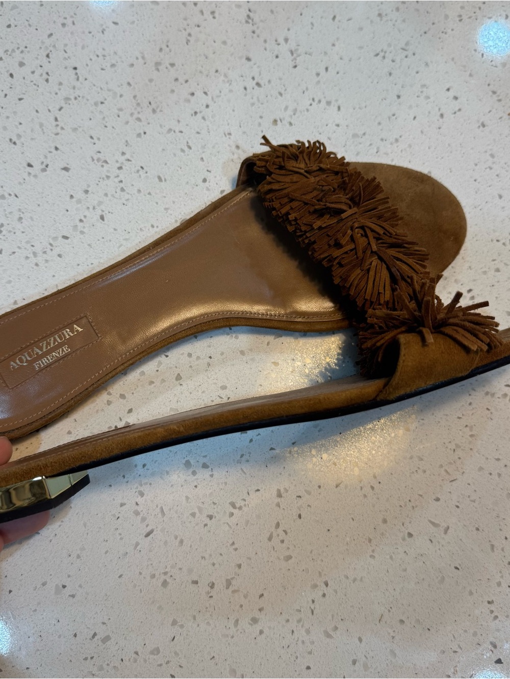 100% AUTH Aquazzura Brown Suede Fringe Slide Sandals - Picture 2 of 5